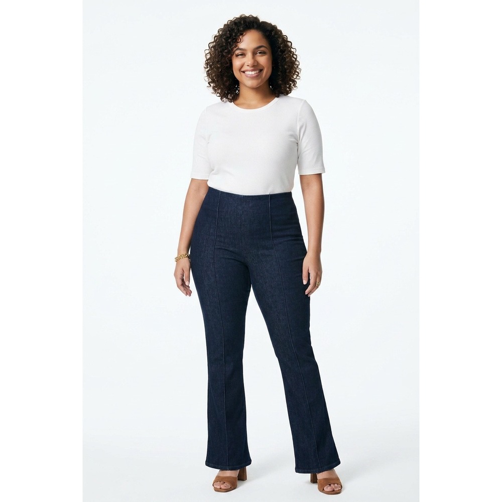 Spanx Denim Demi Boot Women Large Petite Raw Indigo Dark Wash Pull On Jeans NEW